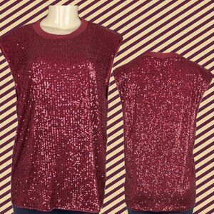 Timing L Red Wine Sequin Crew Knit Neck Padded Shoulders Sleeveless Tank Blouse